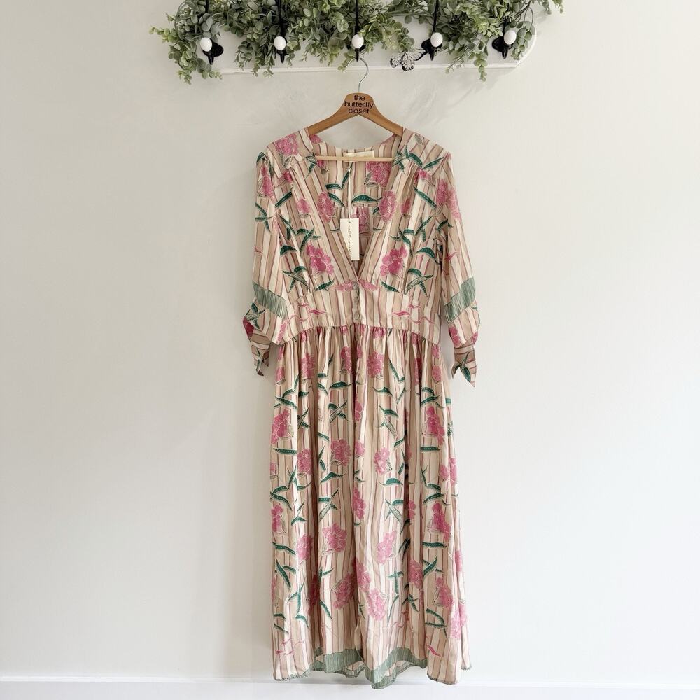 Natalie Martin Layla Dress Chamomile Rose Maxi sik dress Satin XL designer 6-